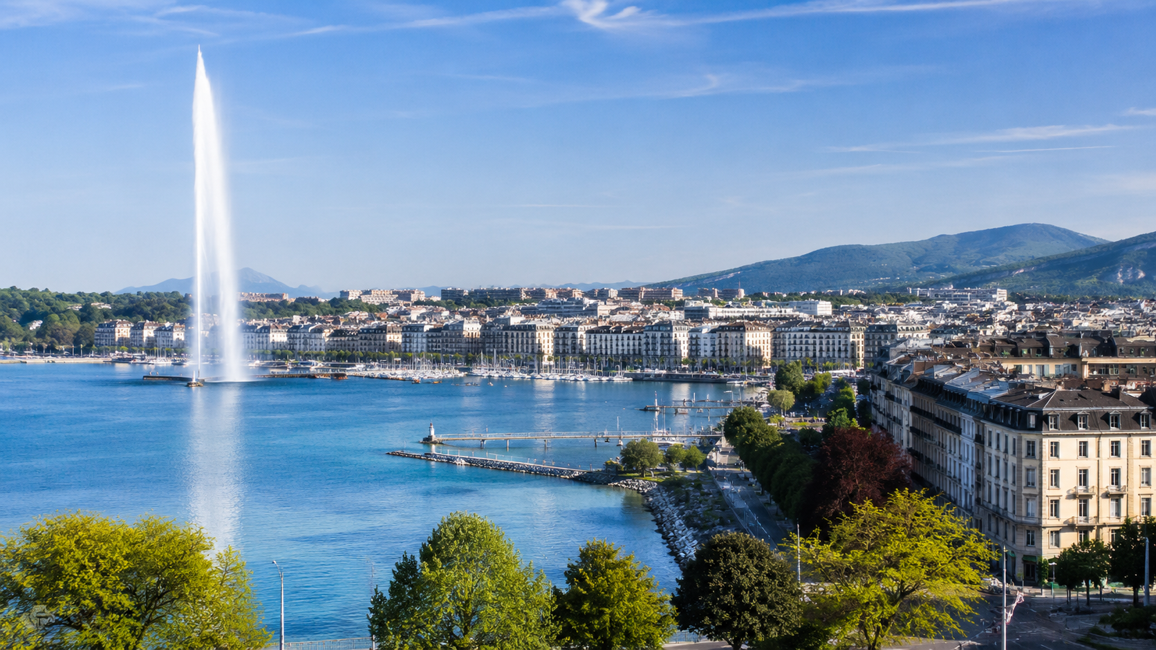 Vue de Genève avec le lac Léman et le Jet d’Eau
