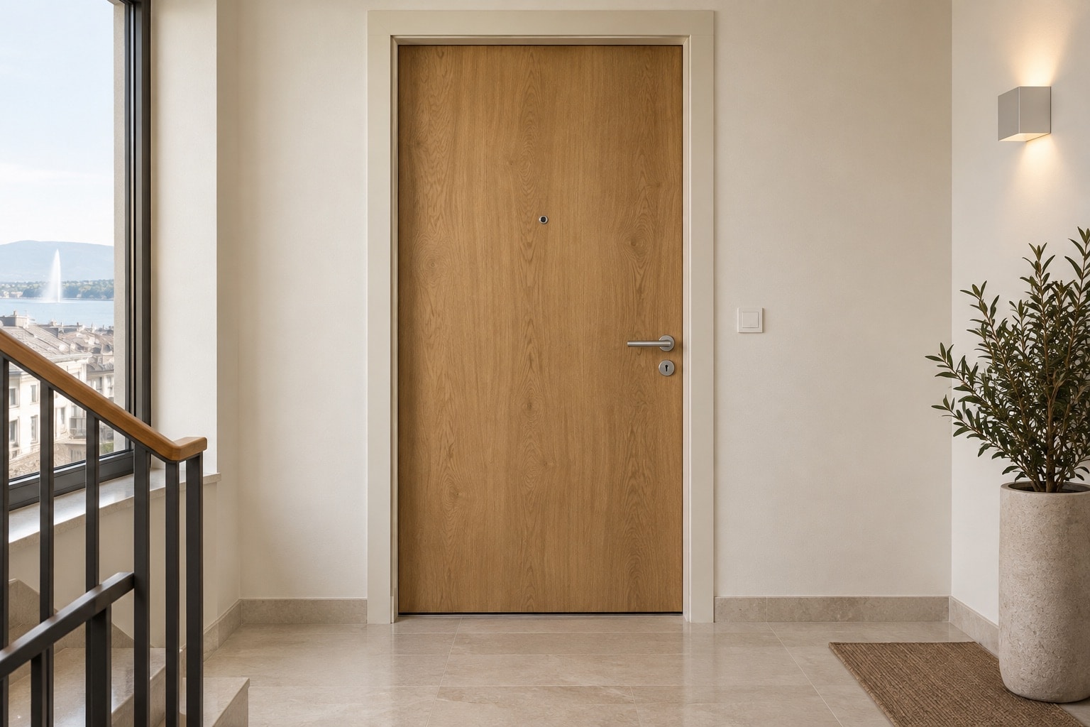 Porte palière en finition chêne avec judas — exemple illustratif