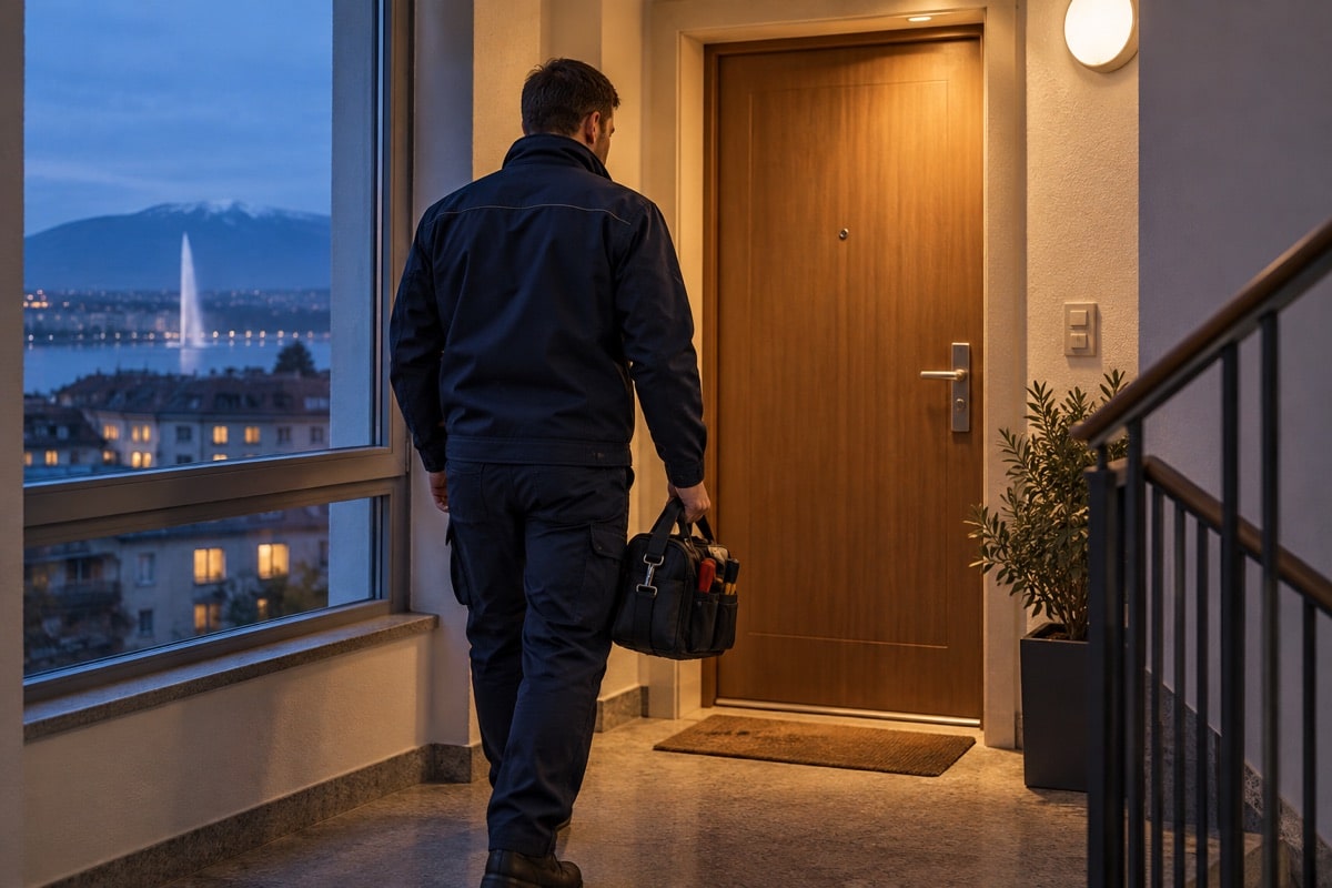 Illustration d’un serrurier arrivant devant une porte pour un dépannage de nuit